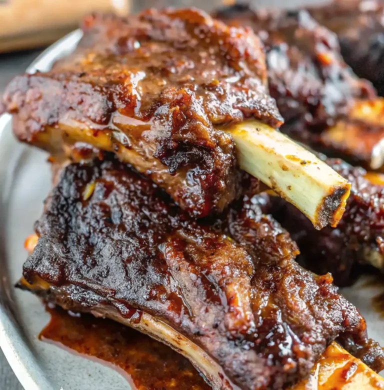 Close-up of succulent, Slow Cooker Beef Ribs glistening with a sticky, caramelized barbecue glaze, showing tender meat pulling away from the bone for a mouthwatering.