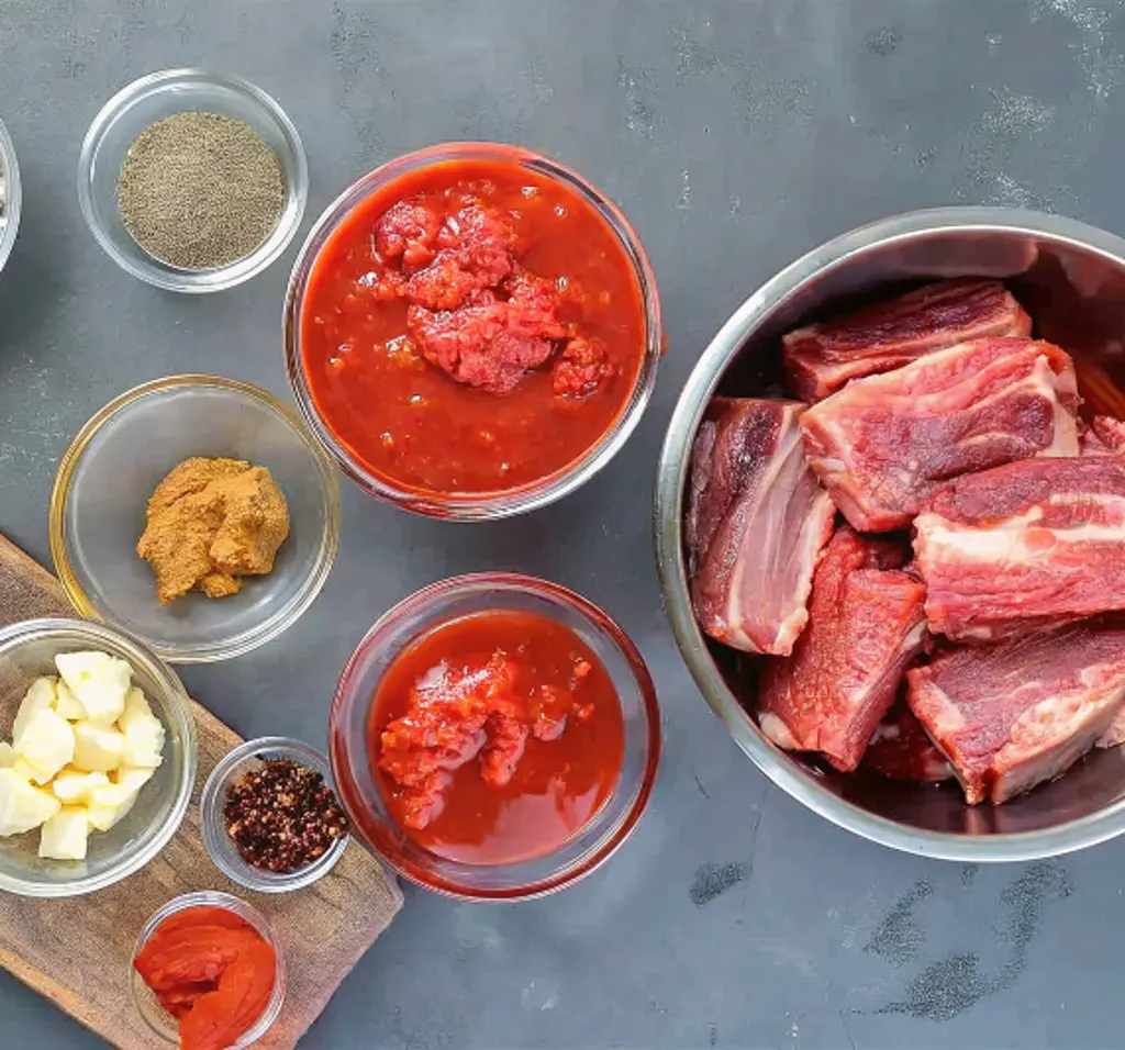 Slow Cooker Beef Ribs recipe ingredients featuring raw beef short ribs in a metal bowl alongside glass bowls of tomato sauce, paste, minced garlic, and various savory spices .