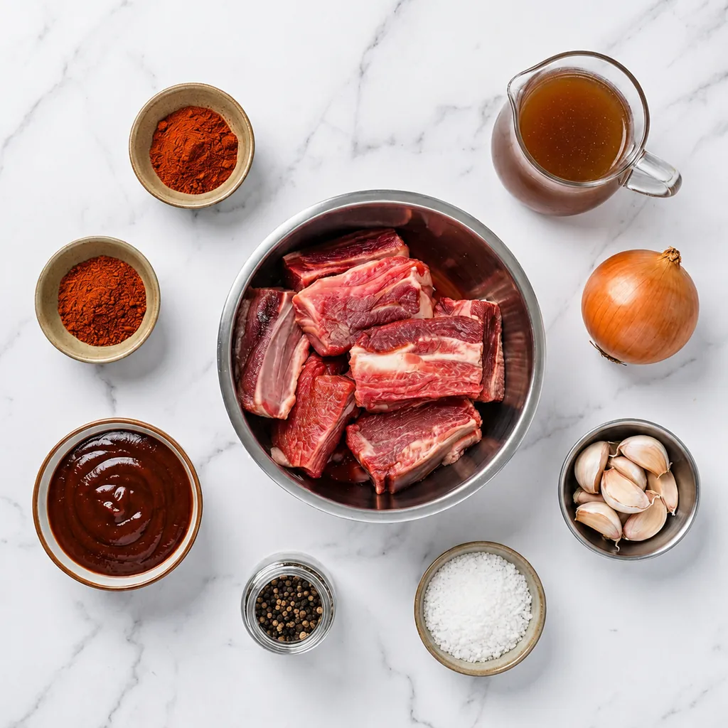 Slow Cooker Beef Ribs recipe ingredients featuring raw beef short ribs in a metal bowl alongside glass bowls of tomato sauce, paste, minced garlic, and various savory spices .