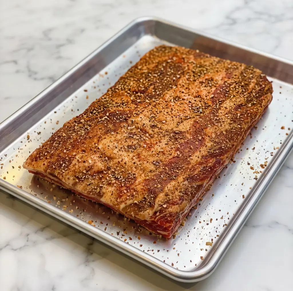 A large slab of raw beef ribs generously coated with a savory spice rub, resting on a silver baking sheet over a marble countertop