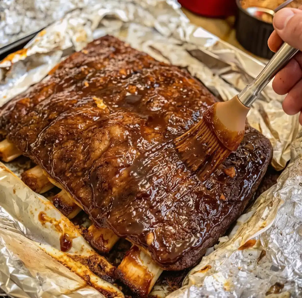 A hand uses a silicone brush to glaze a rack of tender, oven-baked beef ribs with thick barbecue sauce on a foil-lined pan