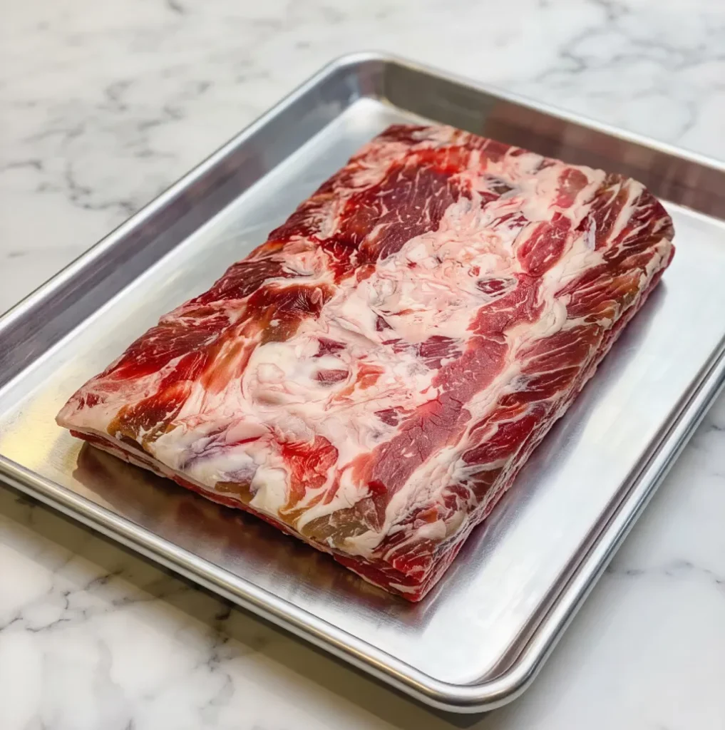 A fresh slice of raw beef ribs, with a marbled appearance, on a silver baking tray set on a white marble surface
