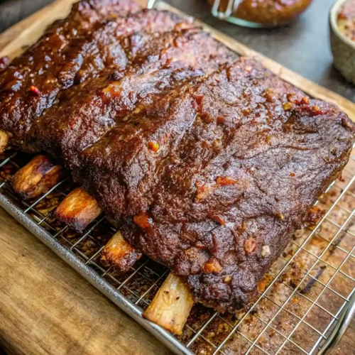 how to cook beef ribs in the oven A rack of perfectly slow-cooked beef ribs with a smoky, mahogany crust rests on a wire cooling rack