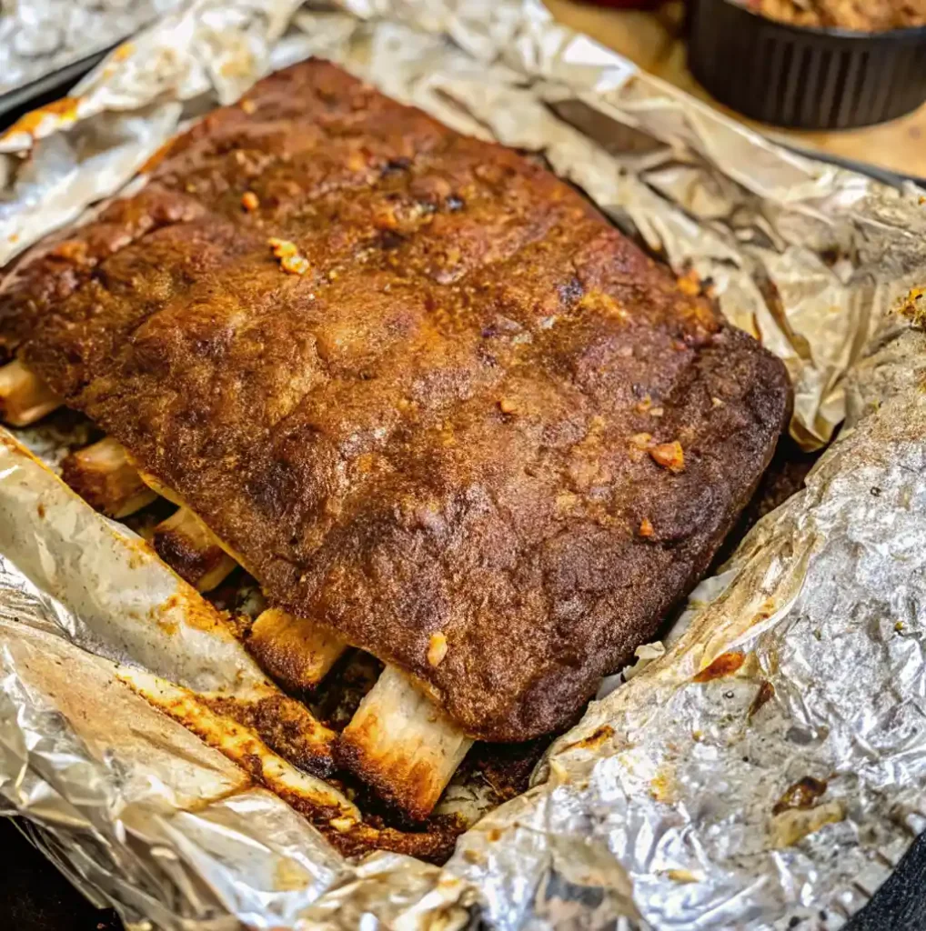 Tender beef ribs baked in the oven on a baking sheet lined with aluminum foil, with a rich brown crust and tender meat