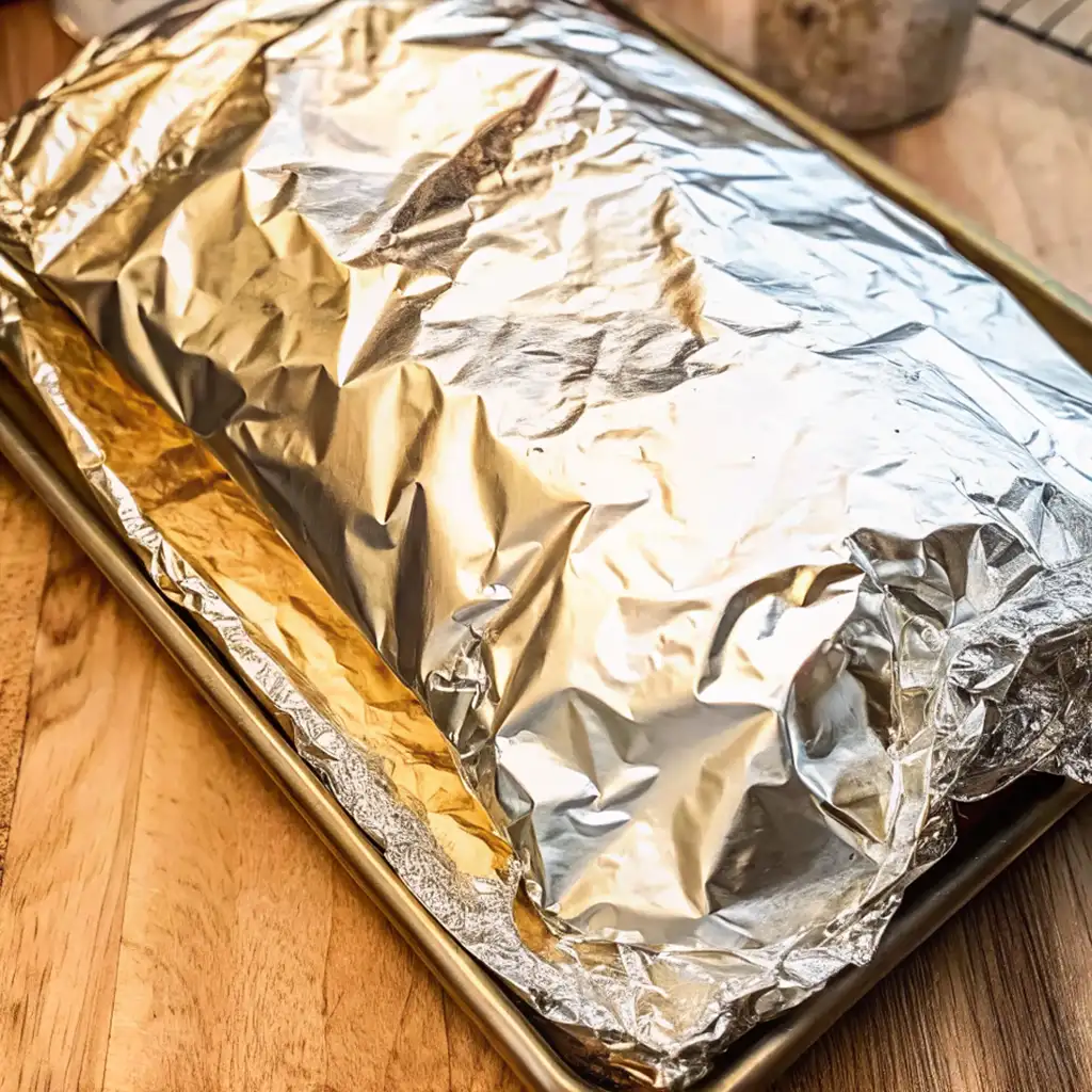 Beef ribs tightly wrapped in aluminum foil, ready for slow roasting in the oven to retain moisture and ensure tender meat