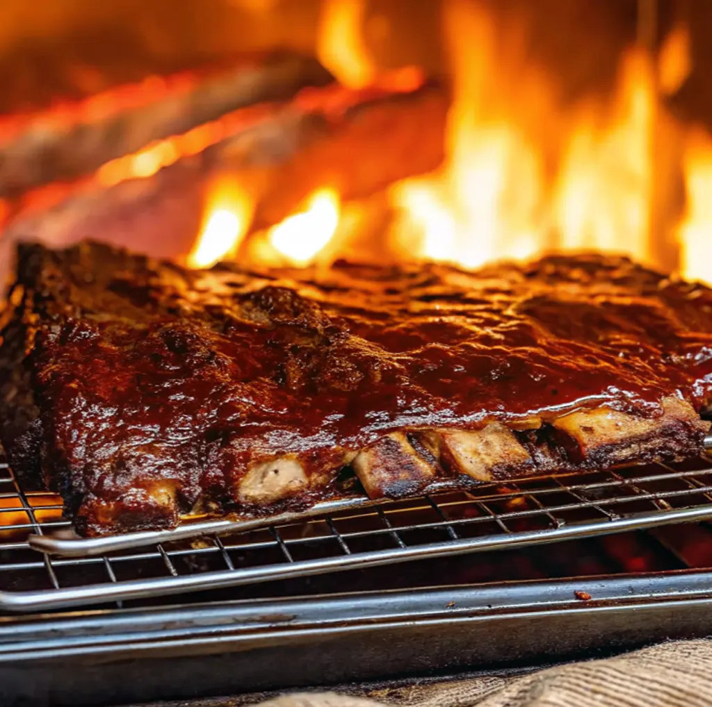 A rack of glazed, oven-roasted beef ribs sits on a wire rack over a baking pan