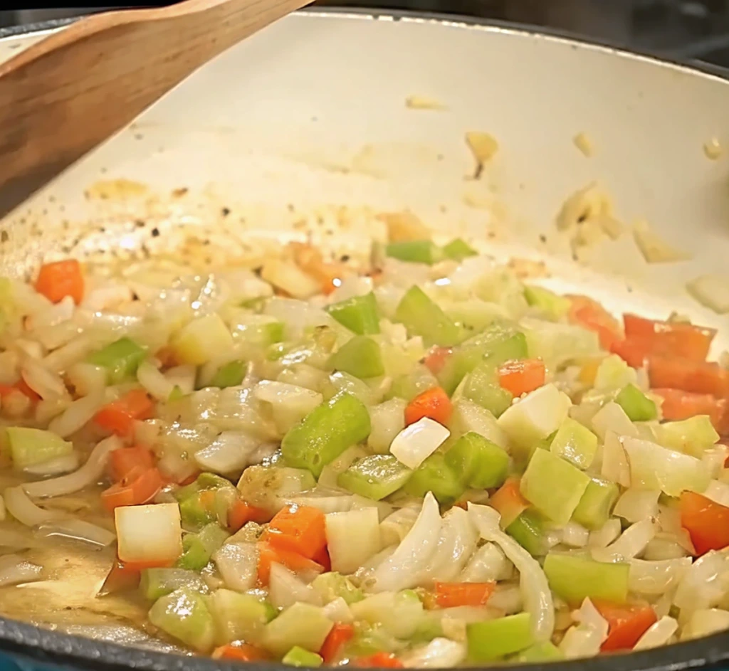 onions, celery, and red bell peppers simmering in a pan, creating a fragrant aromatic base of colorful vegetables for a savory and traditional baked seafood dressing recipe.