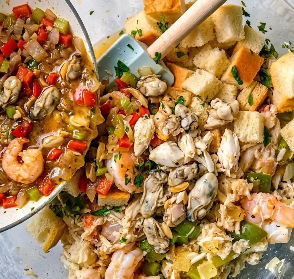 A vibrant mixture of sautéed shrimp, oysters, and crabmeat being folded into toasted bread cubes and fresh herbs in a large glass bowl to create a flavorful seafood dressing base.