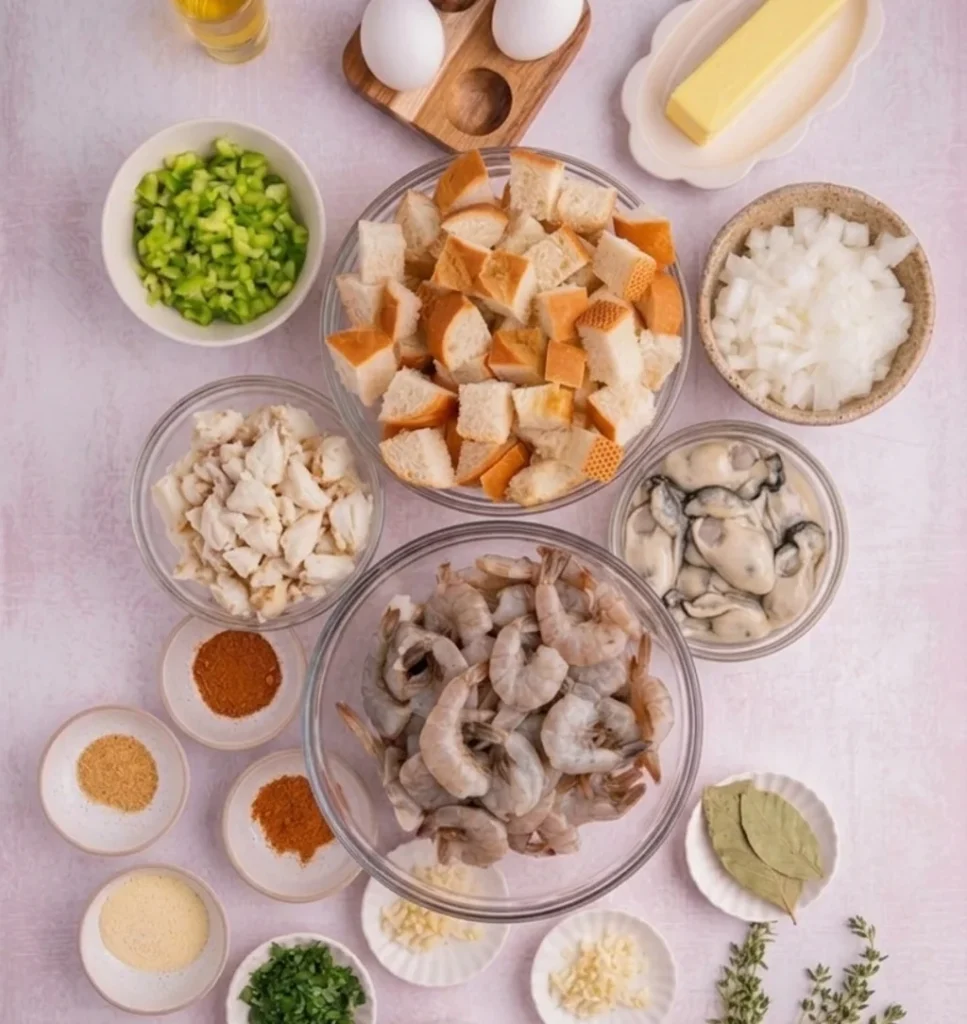 fresh ingredients for baked seafood dressing: raw shrimp, lump crabmeat, oysters, cubed bread, diced onions, celery, herbs, spices, butter, and eggs