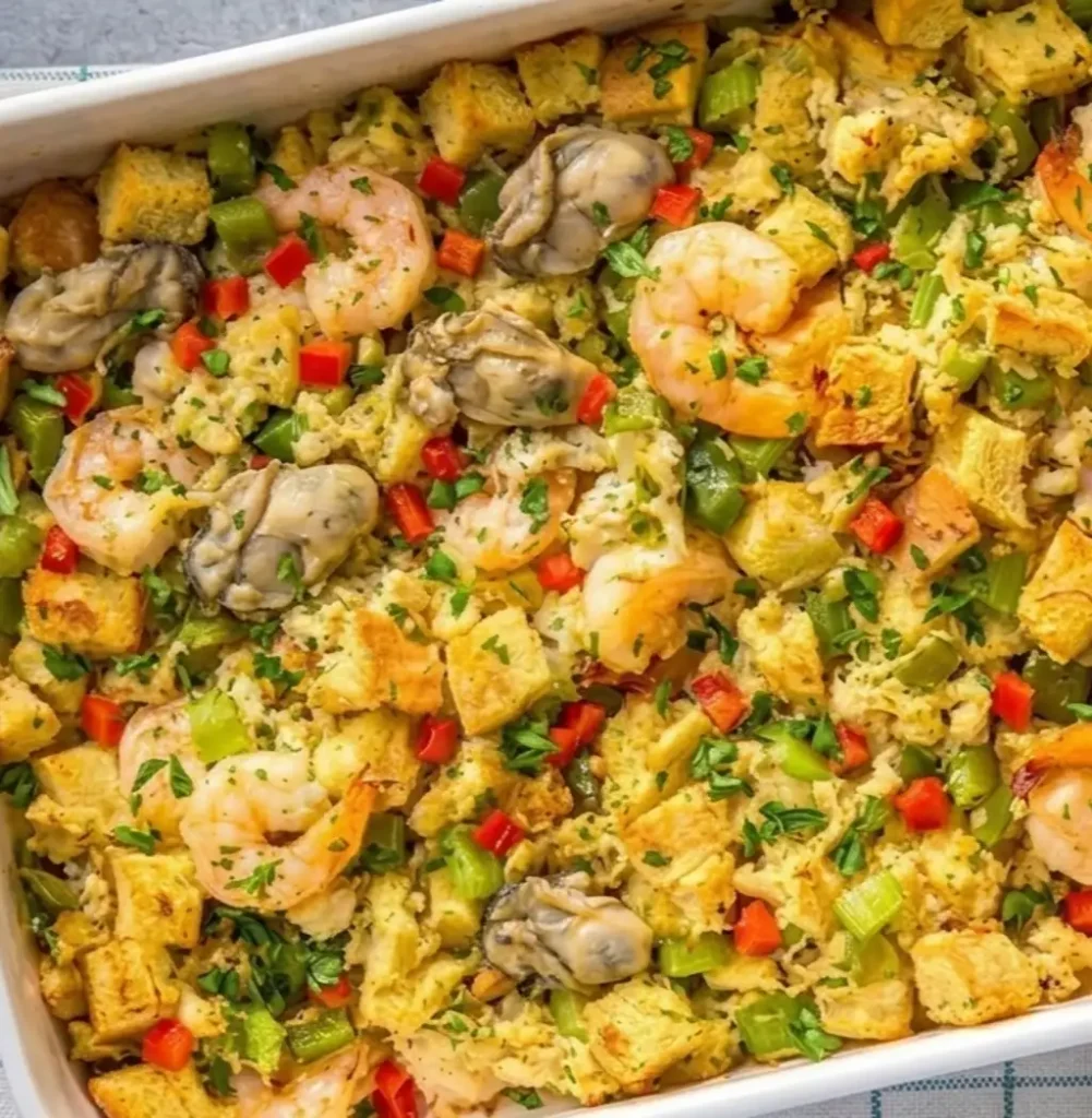 A golden-brown baked seafood dressing in a white casserole dish, featuring plump shrimp, oysters, and crabmeat mixed with toasted bread cubes, colorful bell peppers, celery, and fresh parsley garnish.