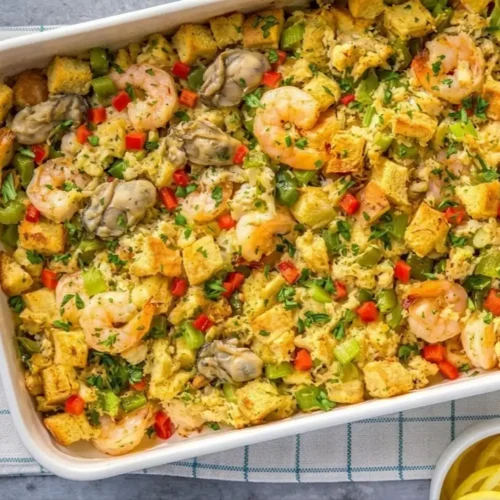A golden-brown baked seafood dressing in a white casserole dish, featuring plump shrimp, oysters, and crabmeat mixed with toasted bread cubes, colorful bell peppers, celery, and fresh parsley garnish.
