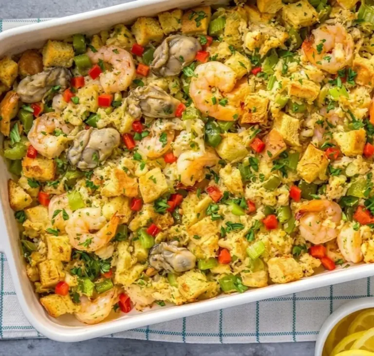 A golden-brown baked seafood dressing in a white casserole dish, featuring plump shrimp, oysters, and crabmeat mixed with toasted bread cubes, colorful bell peppers, celery, and fresh parsley garnish.