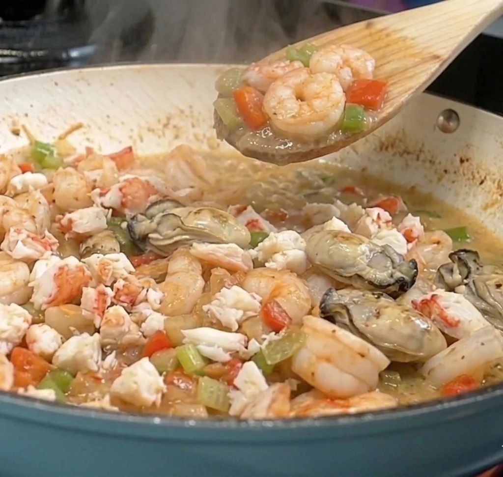 A simmering pan of shrimp, succulent oysters, and tender crabmeat tossed with sautéed vegetables, creating a rich and flavorful seafood medley for a traditional baked seafood dressing recipe.