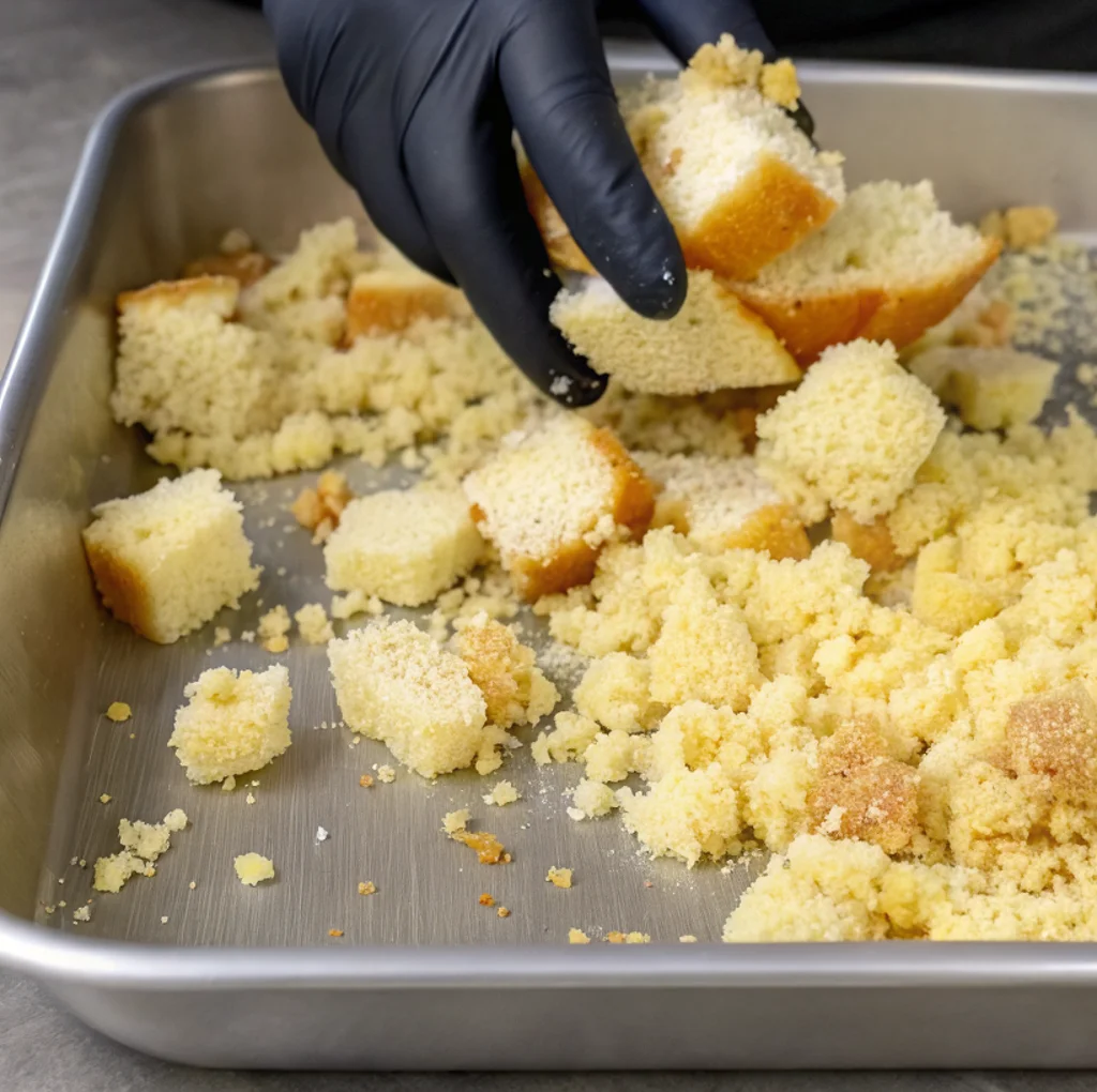 A gloved hand is crumbling cubes of cornbread and white bread into a large metal baking pan.