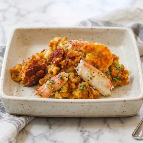 This delicious Golden Cajun Seafood Dressing is served in a spotted bowl and features tender cornbread, tender shrimp, large pieces of lobster, and crab meat, garnished with fresh parsley.