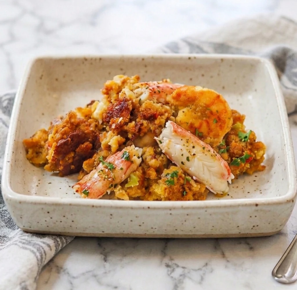 This delicious Golden Cajun Seafood Dressing is served in a spotted bowl and features tender cornbread, tender shrimp, large pieces of lobster, and crab meat, garnished with fresh parsley.