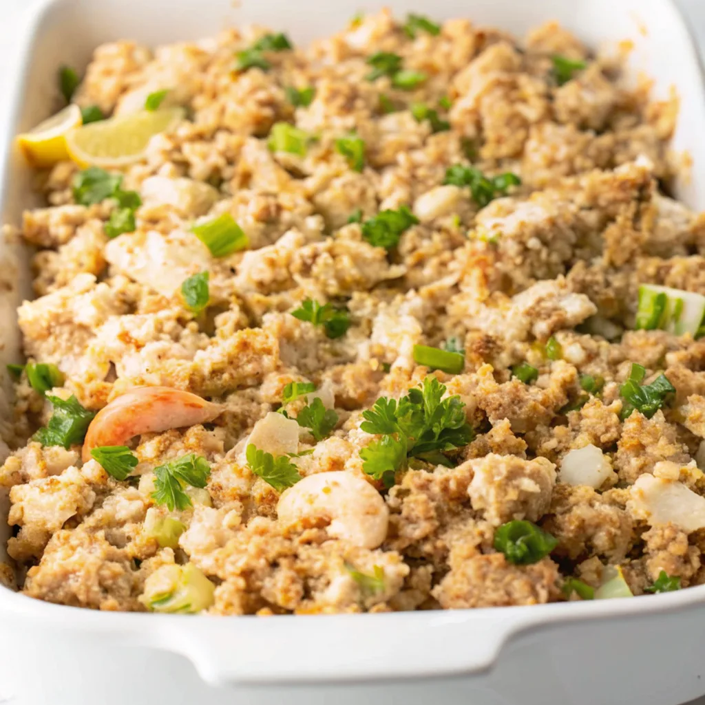 seafood dressing casserole featuring tender shrimp and flaky fish mixed with savory breadcrumbs, garnished with fresh parsley, sliced green onions.