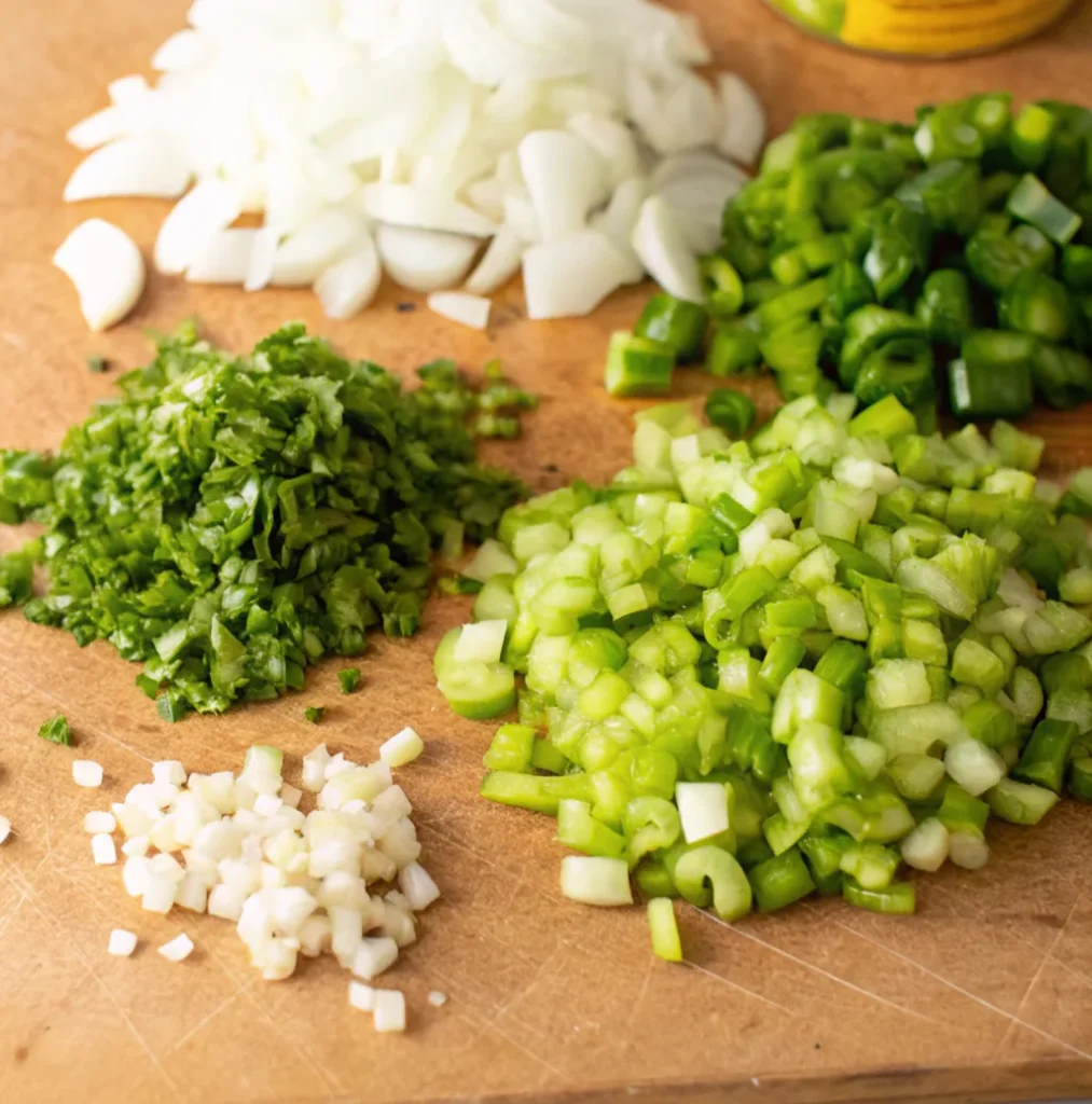 Neatly arranged piles of chopped white onions, green peppers, celery, fresh parsley, and minced garlic on a wooden cutting board.