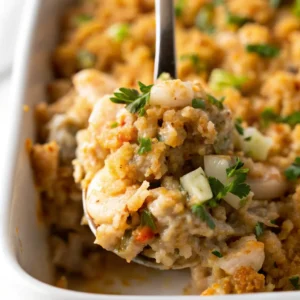 A large metal spoon scoops a hearty portion of golden-brown Easy seafood dressing, showcasing succulent shrimp, moist breadcrumbs, and fresh green herbs.