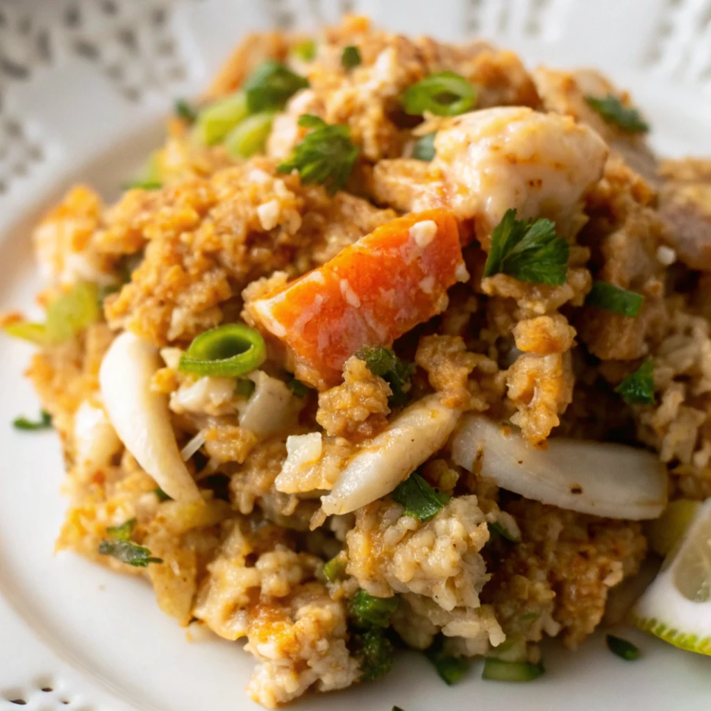 Easy Seafood Dressing features chunks of crab and shrimp, seasoned breadcrumbs, and is topped with fresh parsley on a white plate.