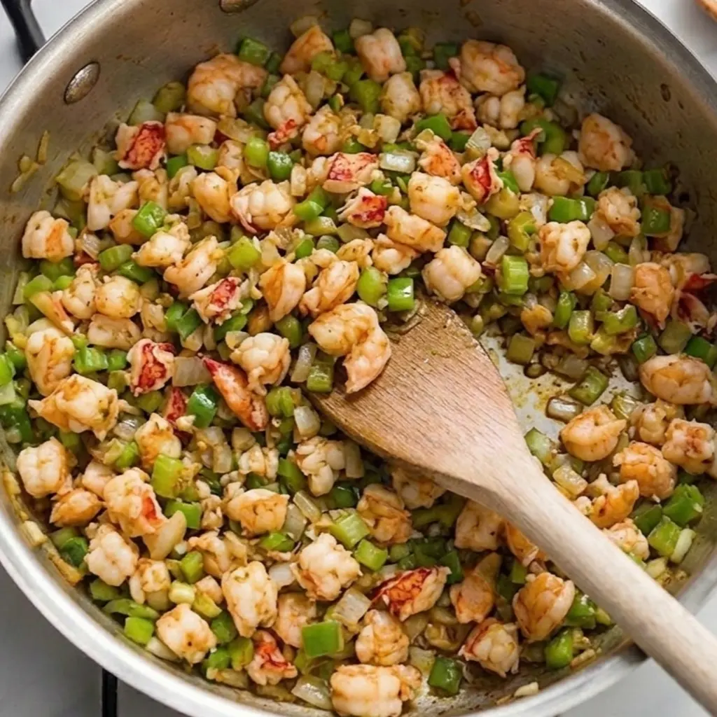 A stainless steel skillet filled with sautéed shrimp, lobster meat, diced celery, and onions being stirred with a wooden.