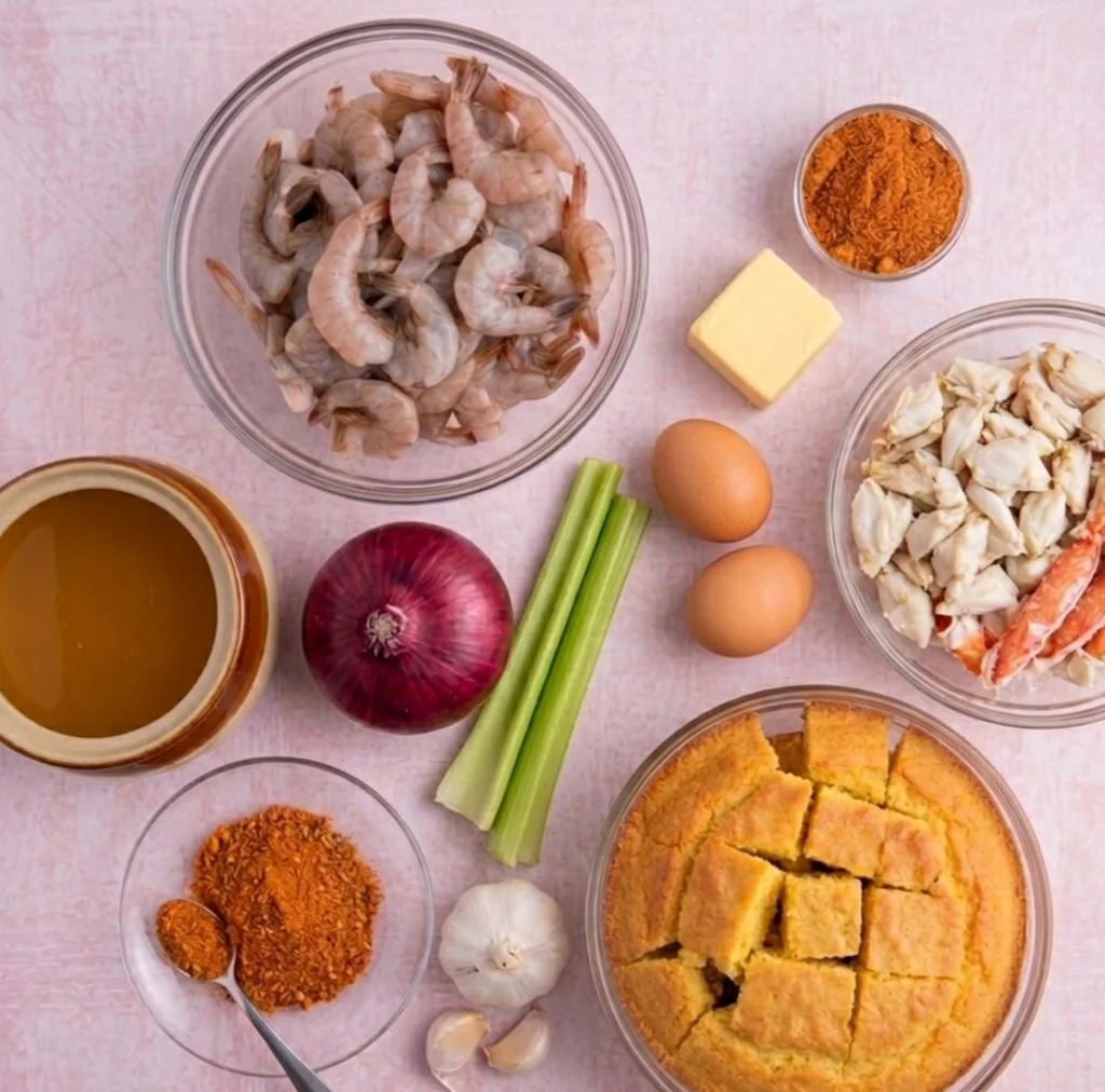 ingredients for seafood dressing: raw shrimp, lump crab meat, cubed cornbread, eggs, celery, red onion, garlic, butter, seafood seasoning, and broth arranged on a pink surface.