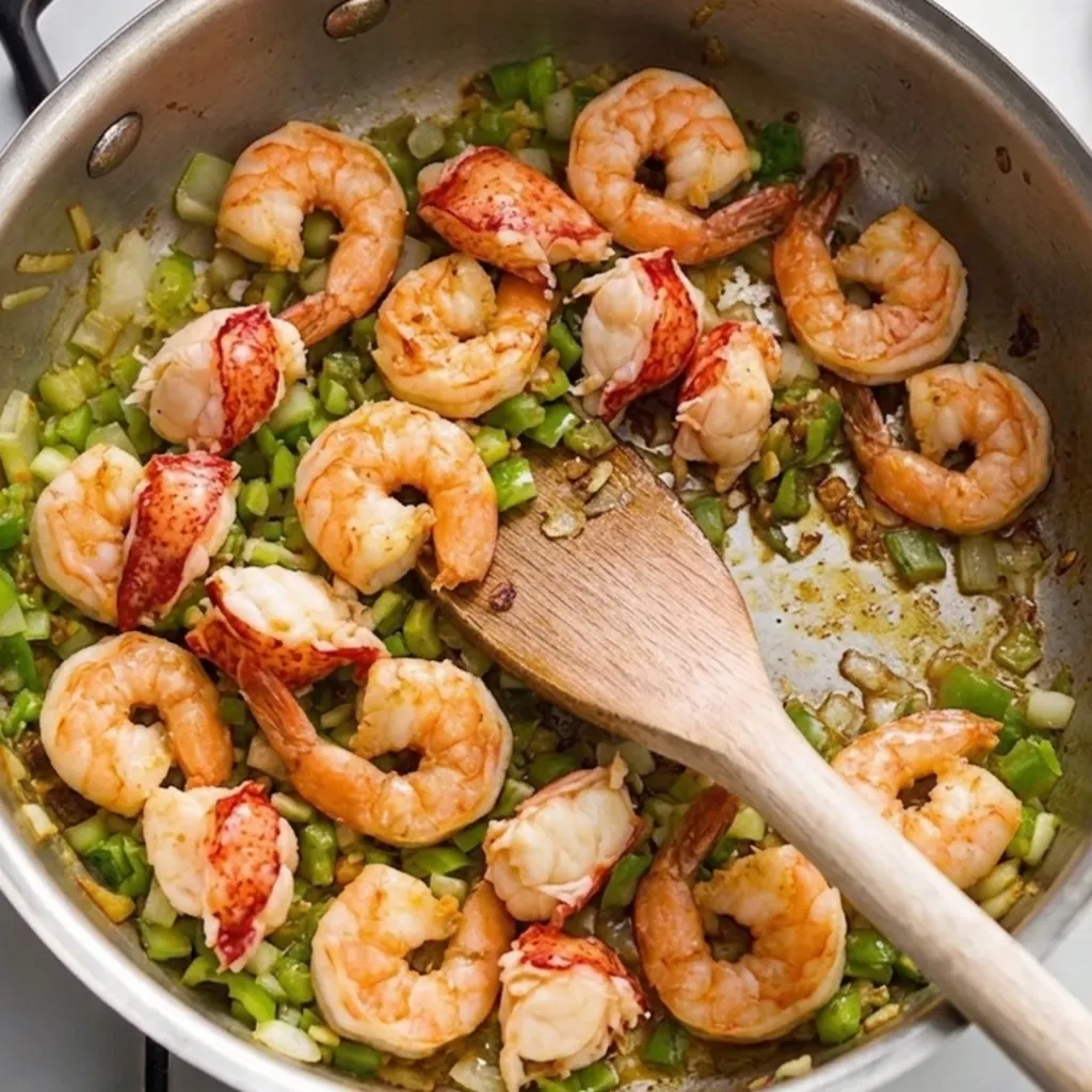 Tender shrimp and crab meat are sautéed with diced green celery and onions in a stainless steel skillet.
