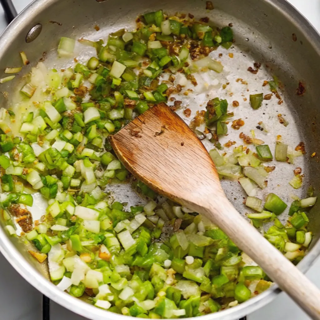 Diced green celery and white onions sauté in a shimmering stainless steel skillet, being stirred with a wooden spatula.