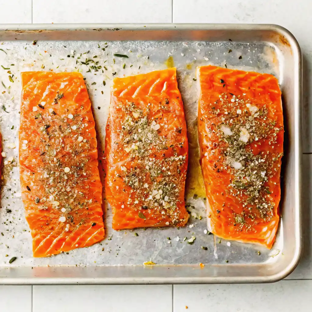 Three raw salmon fillets rest on a silver baking sheet, generously seasoned with a blend of dried herbs, salt, and pepper, ready to be grilled