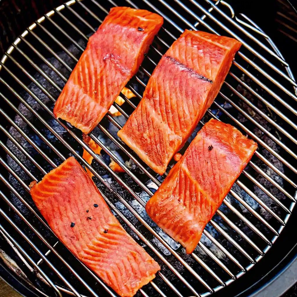 Four fresh salmon fillets are placed directly on a round metal grill grate over glowing hot coals, developing a beautiful sear and smoky flavor