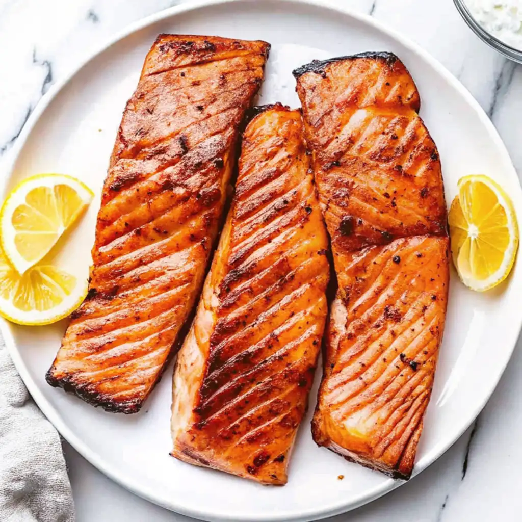 Three perfectly Grilled Salmon fillets, featuring charred grill marks and golden-brown edges, are served on a white plate alongside fresh lemon slices