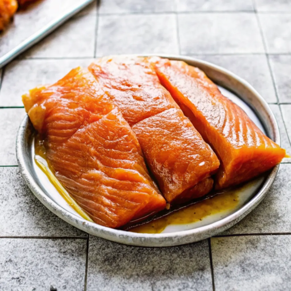 Perfectly marinated salmon fillets glazed in a savory sauce and plated on a grey ceramic dish. The vibrant orange fish shows a beautiful