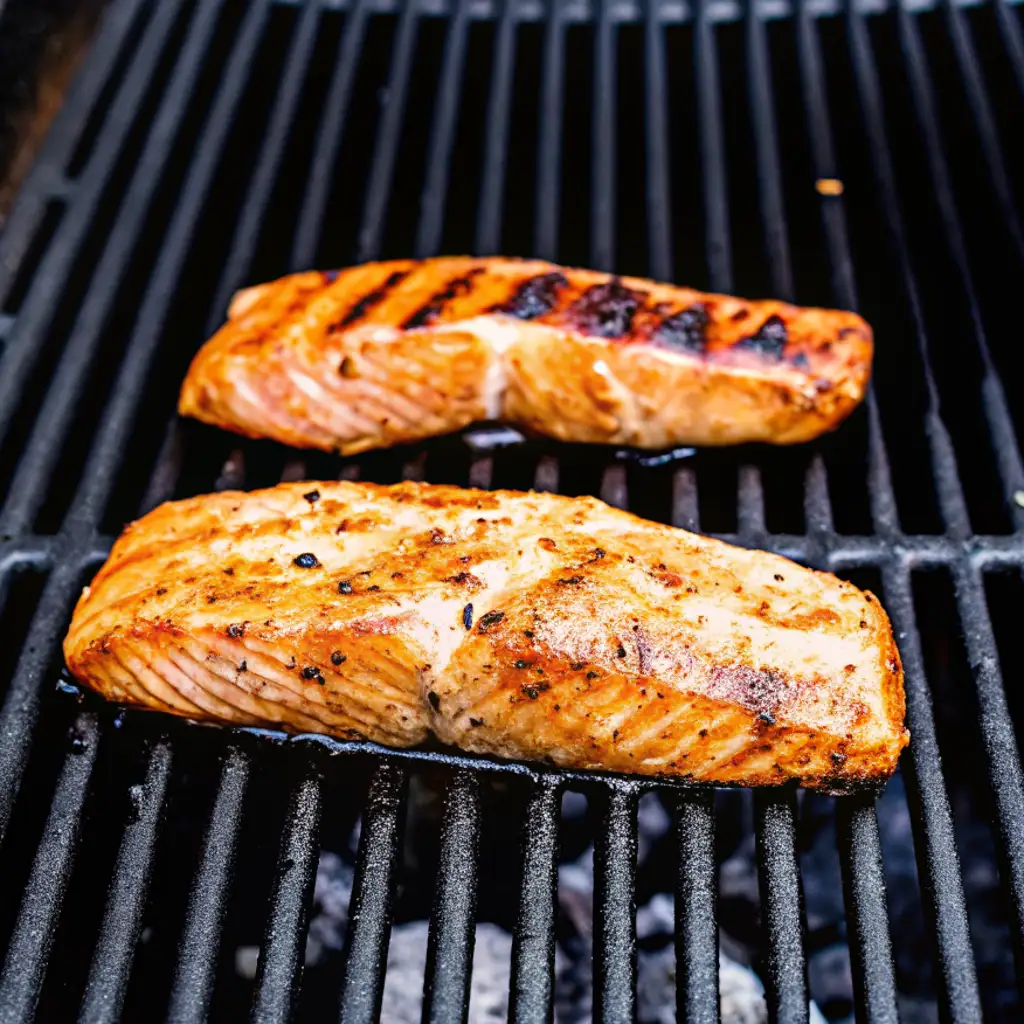 Two succulent marinated salmon fillets grilling on a dark grate, showing beautiful char marks and a golden-brown crust.