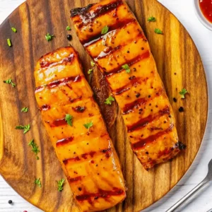 Two beautifully grilled Salmon Marinade fillets with dark sear marks, resting on a round wooden serving board. Garnished with fresh herbs, the glossy glaze highlights the golden-orange texture of the fish.