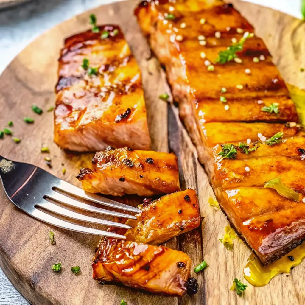 Glazed, grilled Salmon Marinade fillets sliced into bite-sized pieces on a rustic wooden board.