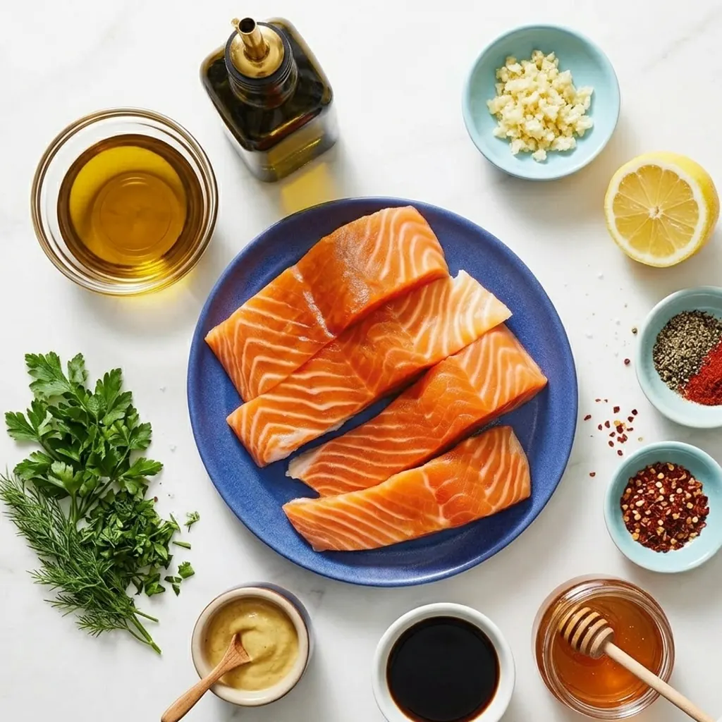 Ingredients Salmon Marinade fresh salmon fillets on a blue plate surrounded by marinade ingredients: honey, soy sauce, Dijon mustard, olive oil, minced garlic, lemon, and fresh herbs.