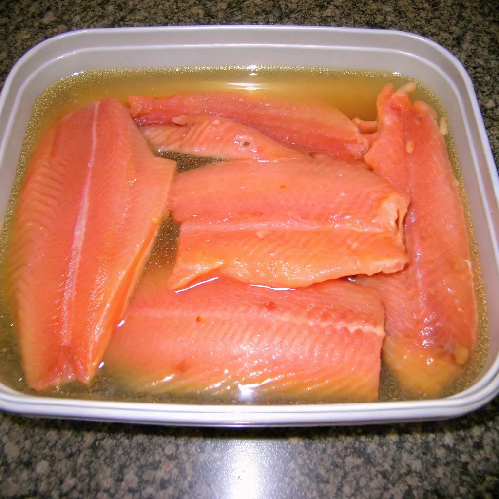 for Smoked Salmon Brine Recipe Several fresh, orange salmon fillets are fully submerged in a golden-brown liquid brine within a white rectangular container