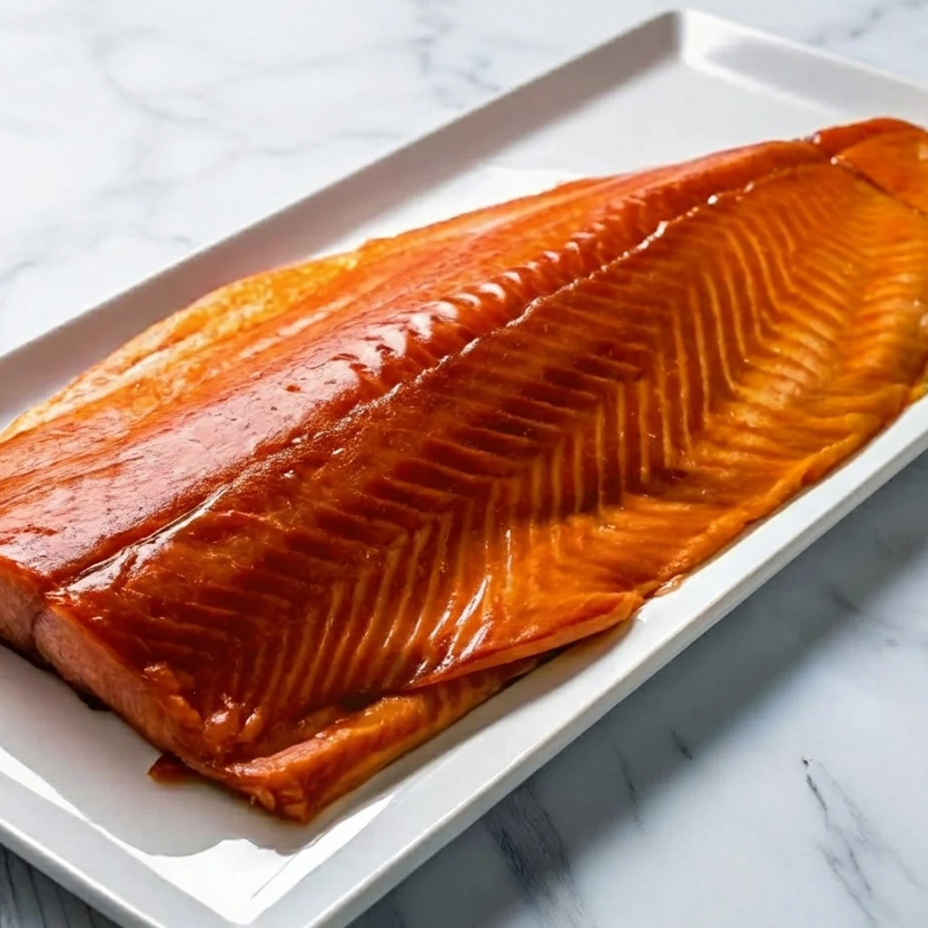 honey-hued smoked salmon is presented on a sleek white rectangular platter. The vibrant orange flesh features deep, caramelized ridges, showcasing a perfectly cured and glazed finish.