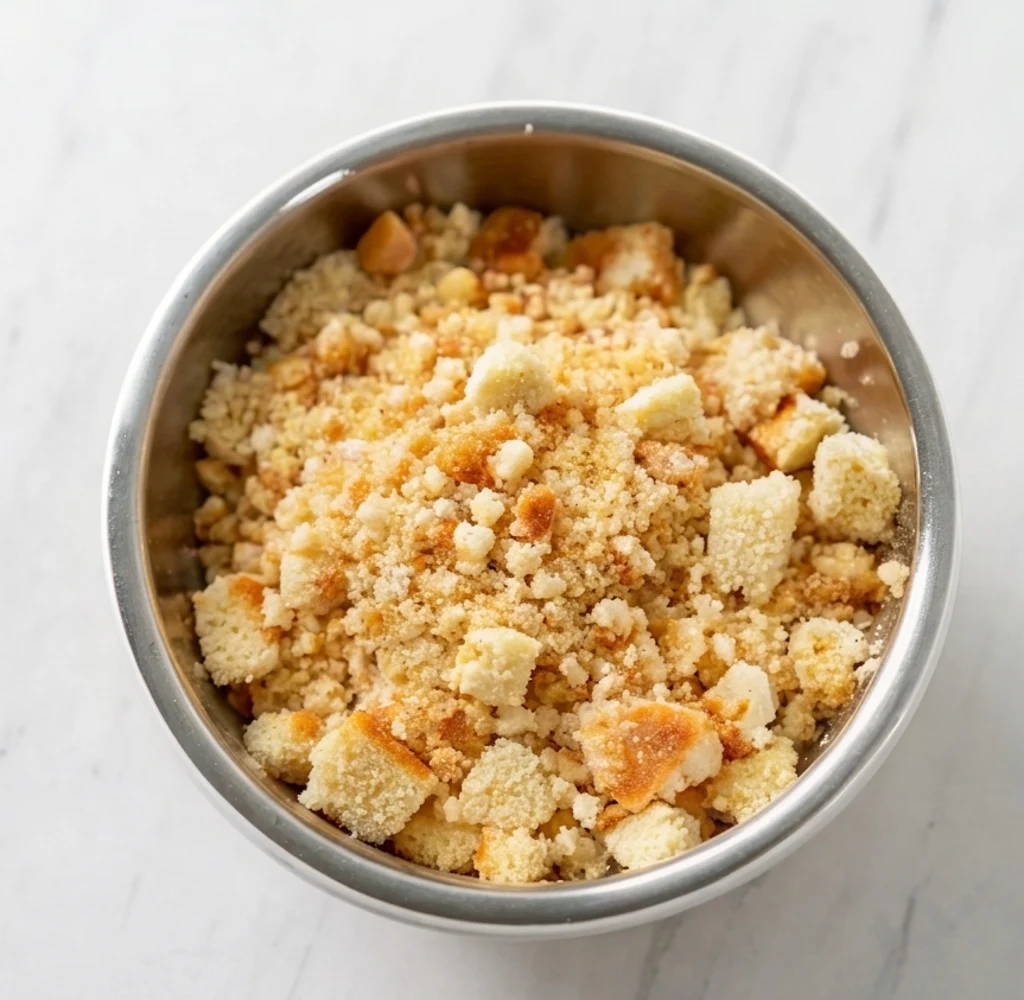 brown of toasted bread cubes and crumbles for a Thanksgiving seafood dressing, presented in a stainless steel mixing bowl.