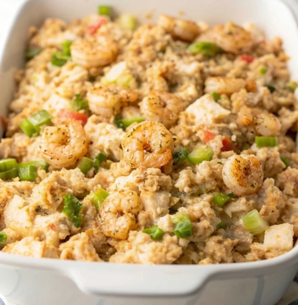 A delicious Thanksgiving Seafood Dressing, featuring tender shrimp seasoned with herbs, clams, crab, diced green peppers, and celery, all mixed into a moist, golden-brown cornbread stuffing, served in a white ceramic baking dish.