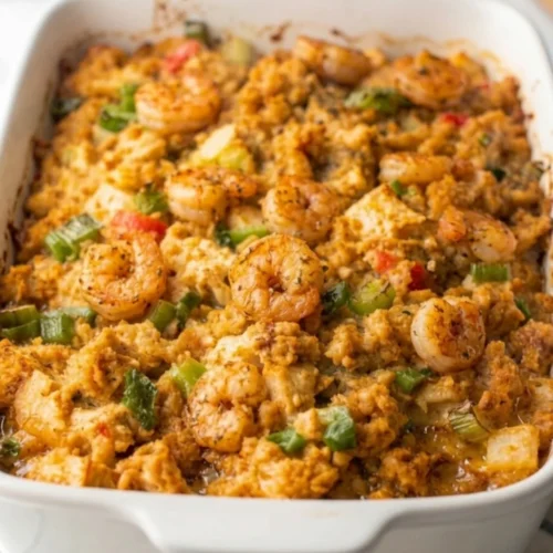 A perfectly baked Thanksgiving seafood dressing in a white casserole dish, featuring golden-brown cornbread stuffing topped with herb-seasoned grilled shrimp seasoned with herbs, clams, crabp, vibrant green onions, and diced peppers.