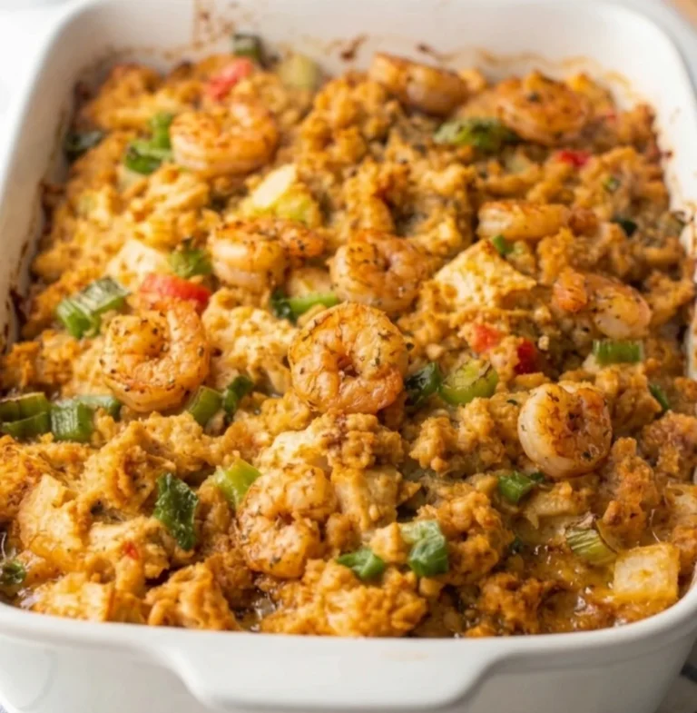 A perfectly baked Thanksgiving seafood dressing in a white casserole dish, featuring golden-brown cornbread stuffing topped with herb-seasoned grilled shrimp seasoned with herbs, clams, crabp, vibrant green onions, and diced peppers.
