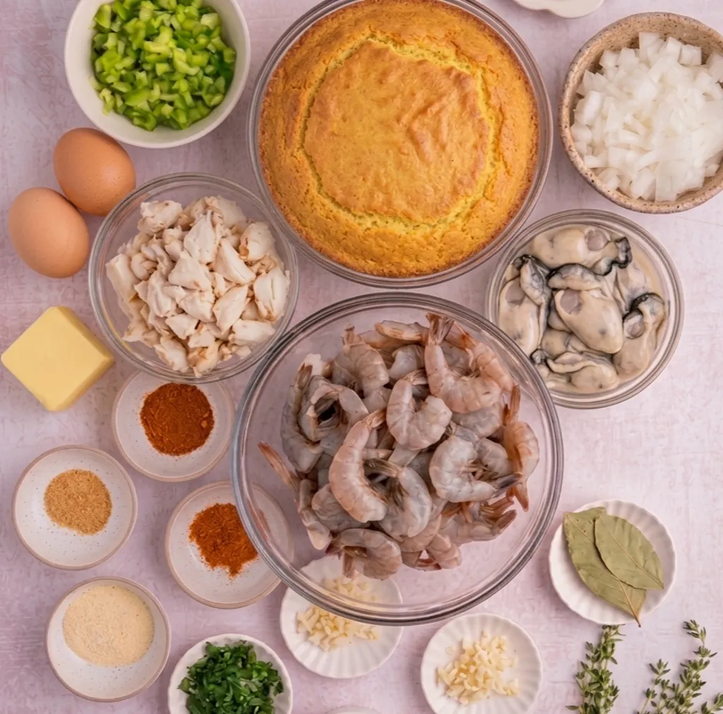 Thanksgiving seafood dressing ingredients including raw shrimp, crab meat, oysters, cornbread, eggs, butter, diced onions, green peppers, and various aromatic spices and fresh herbs.