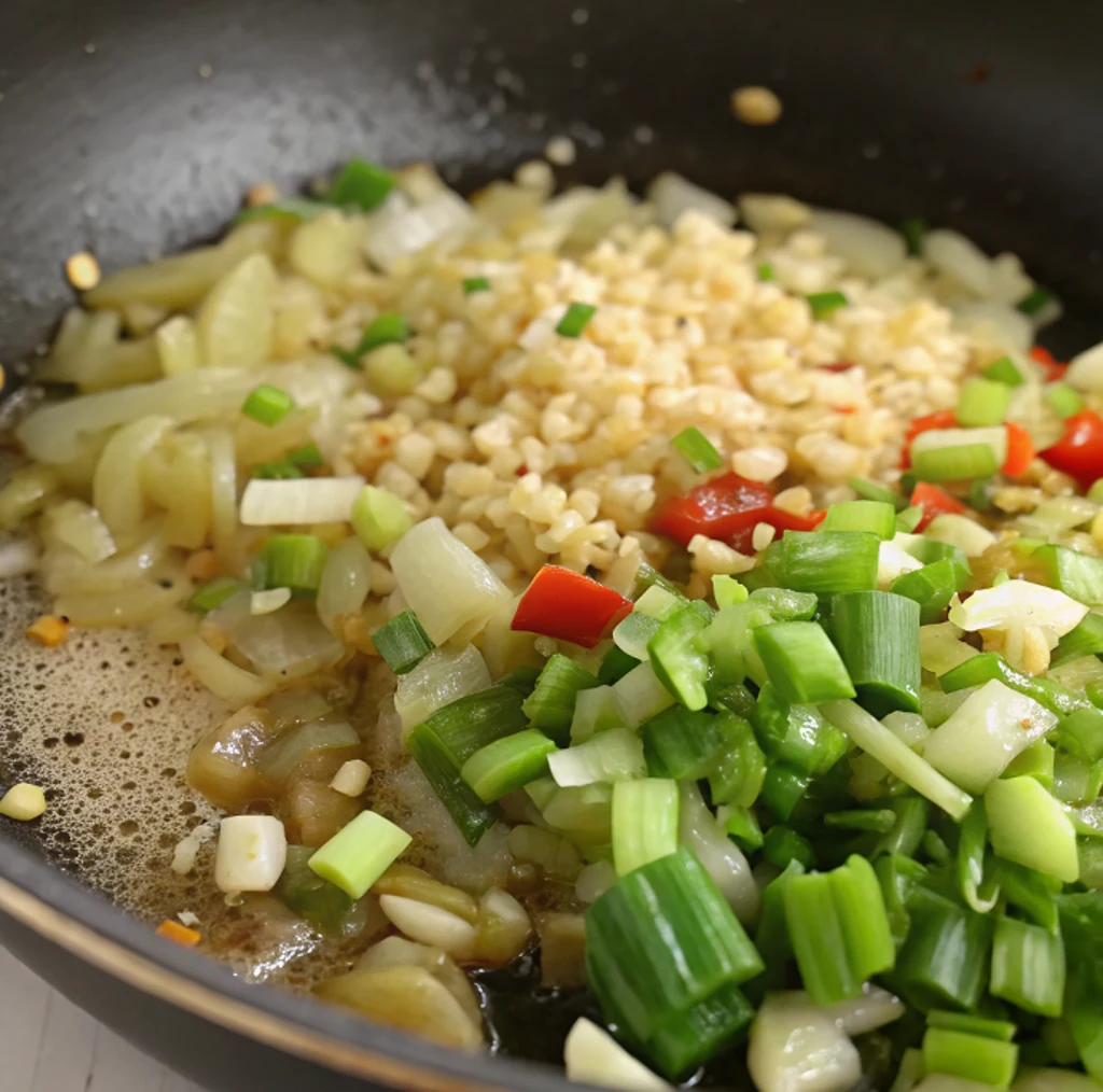 A skillet of sautéed aromatics for Thanksgiving seafood dressing, featuring sizzled minced garlic, diced onions, red peppers, and fresh green scallions softening in melted butter for a flavorful recipe base.