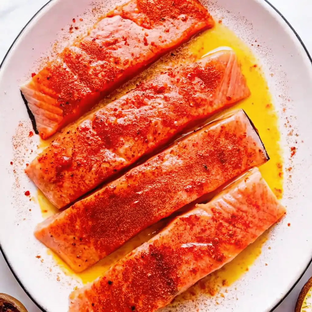 Four fillets of fresh salmon seasoned with red spices and oil, arranged on a white plate, ready to be air-fried for a quick, healthy, and delicious protein-packed meal.