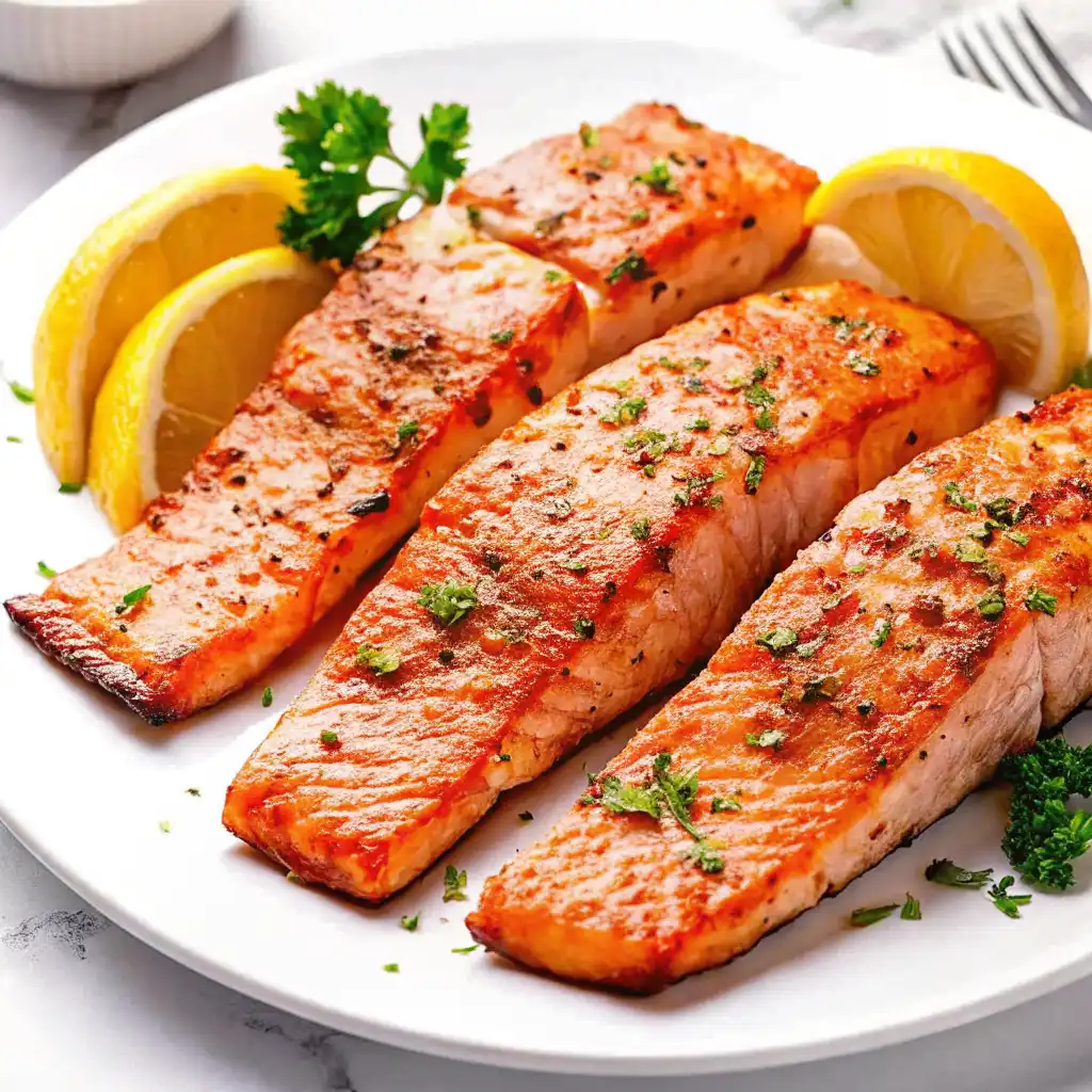 Three air fryer salmon fillets served on a white plate, garnished with fresh parsley and bright lemon wedges. The fish features a crispy, seasoned crust and a tender, flaky interior.