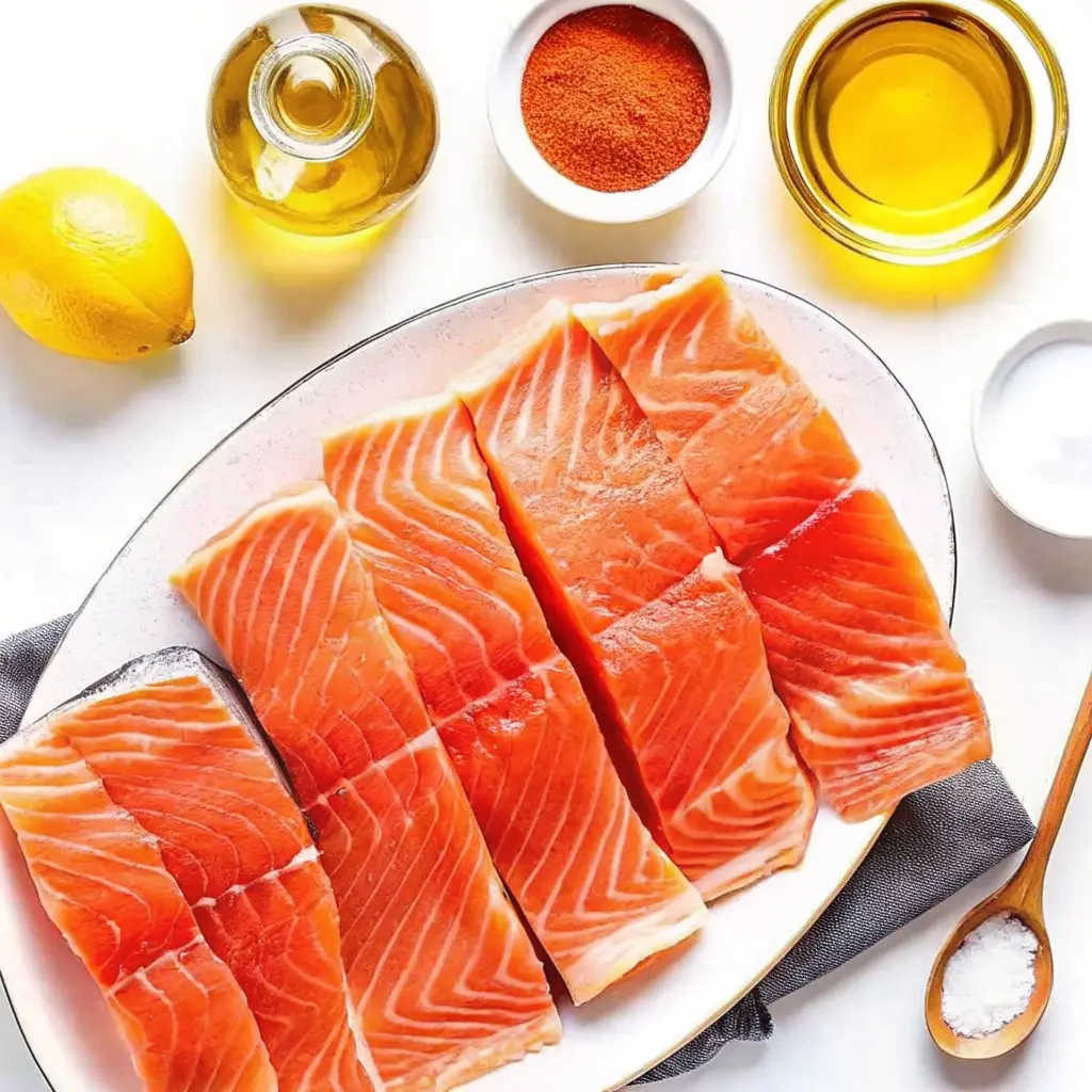 Fresh raw salmon fillets arranged on a white platter, surrounded by essential ingredients including olive oil, paprika, salt, and a whole lemon, ready for seasoning and air fryer salmon.
