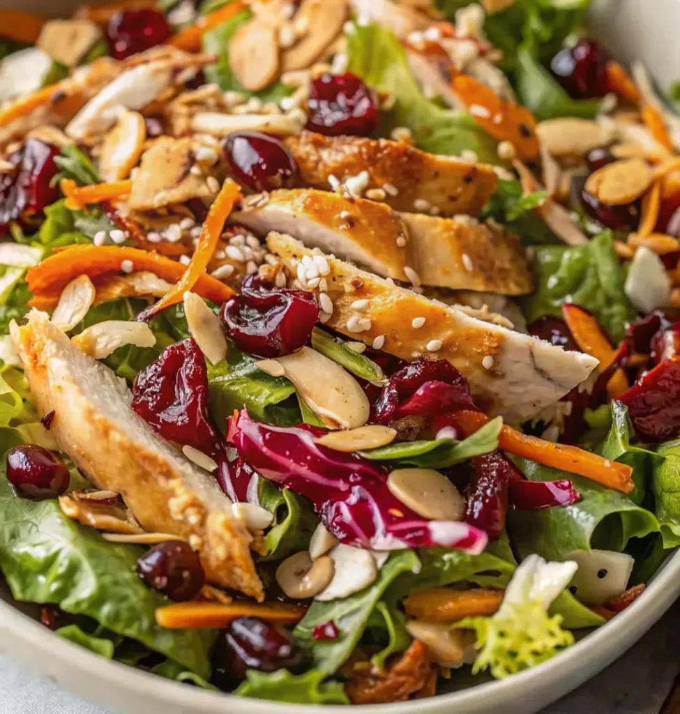 Overhead shot of Asian Chicken Cranberry Salad with grilled chicken, dried cranberries, and shredded cabbage