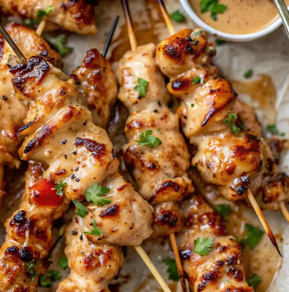 Six Bang Bang Chicken Skewers with a deeply caramelized and charred glaze, garnished with fresh cilantro leaves, arranged on a piece of parchment paper or light background.