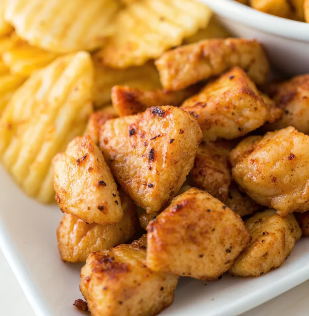 A close-up of golden-brown grilled chicken nuggets with visible sear marks, served on a white platter alongside crispy waffle potato fries, capturing a copycat Chick-fil-A style meal presentation.